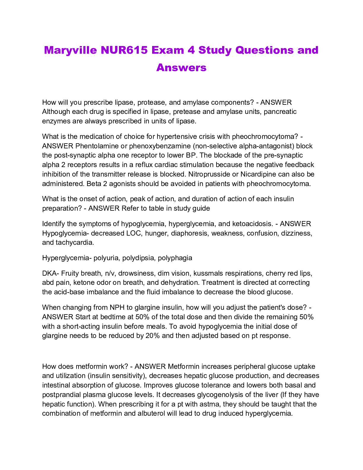 Preview of Maryville NUR615 Exam 4 Study Questions and Answers